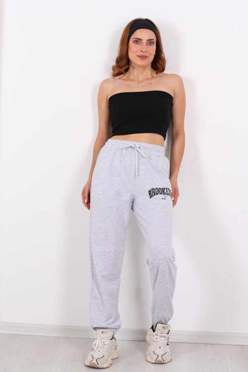 Brooklyn Baskılı Paça Lastikli Gri Kadın Eşofman Altı - 3