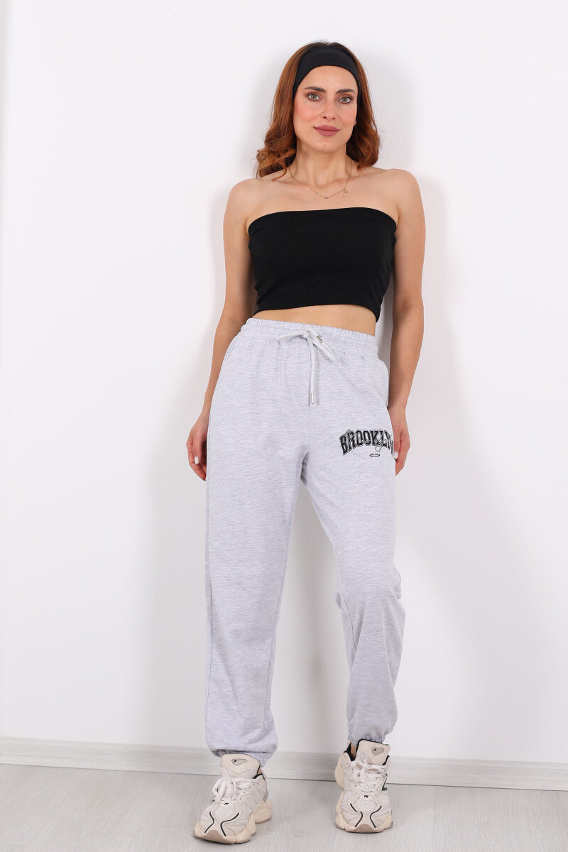 Brooklyn Baskılı Paça Lastikli Gri Kadın Eşofman Altı - 3