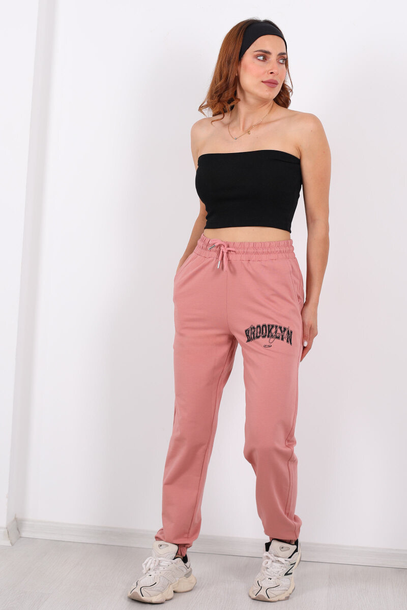 Brooklyn Baskılı Paça Lastikli Gül Kurusu Kadın Eşofman Altı - 6