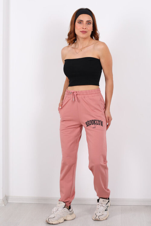 Brooklyn Baskılı Paça Lastikli Gül Kurusu Kadın Eşofman Altı - 4