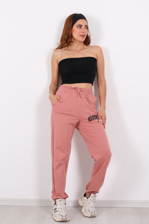 Brooklyn Baskılı Paça Lastikli Gül Kurusu Kadın Eşofman Altı - Berox