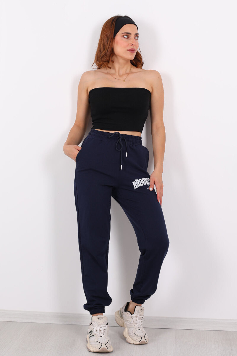 Brooklyn Baskılı Paça Lastikli Lacivert Kadın Eşofman Altı - 1