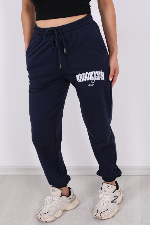 Brooklyn Baskılı Paça Lastikli Lacivert Kadın Eşofman Altı - Berox (1)