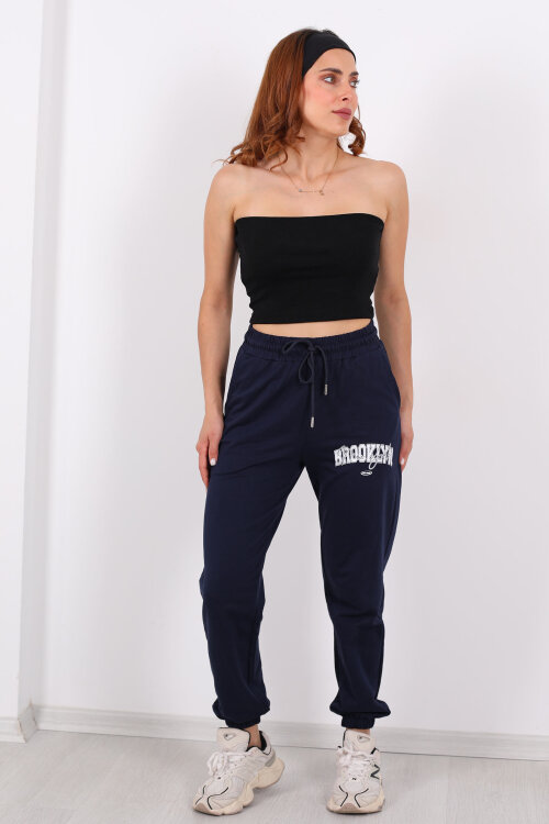 Brooklyn Baskılı Paça Lastikli Lacivert Kadın Eşofman Altı - 4