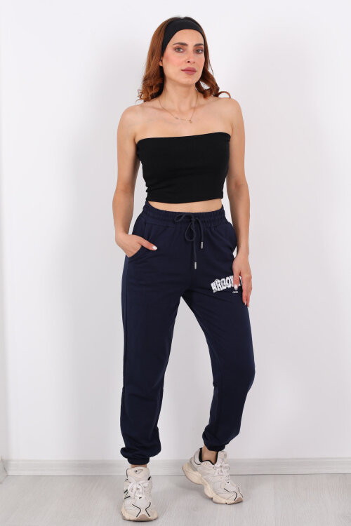 Brooklyn Baskılı Paça Lastikli Lacivert Kadın Eşofman Altı - 6