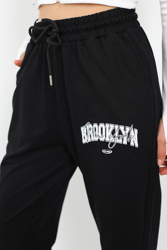Brooklyn Baskılı Paça Lastikli Siyah Kadın Eşofman - 4