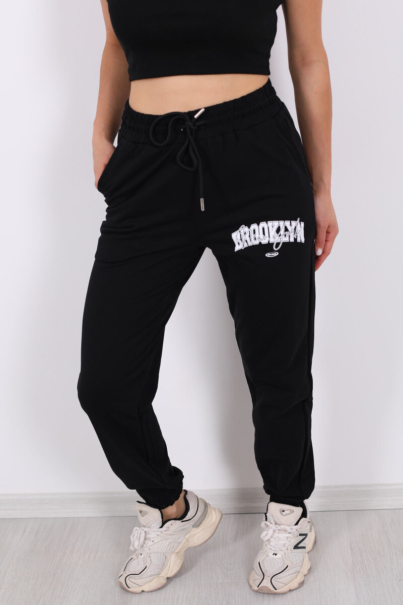 Brooklyn Baskılı Paça Lastikli Siyah Kadın Eşofman - 2