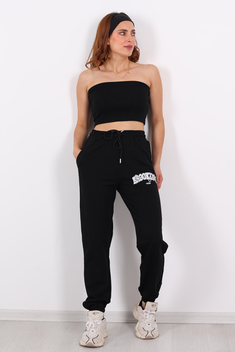 Brooklyn Baskılı Paça Lastikli Siyah Kadın Eşofman - 6