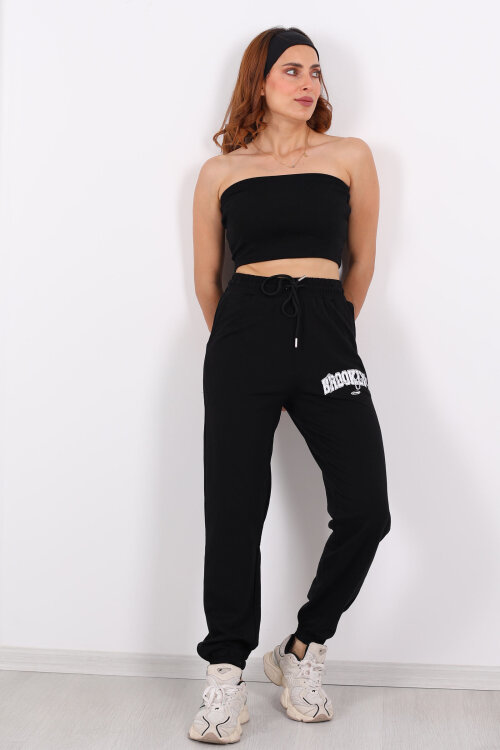 Brooklyn Baskılı Paça Lastikli Siyah Kadın Eşofman - 3