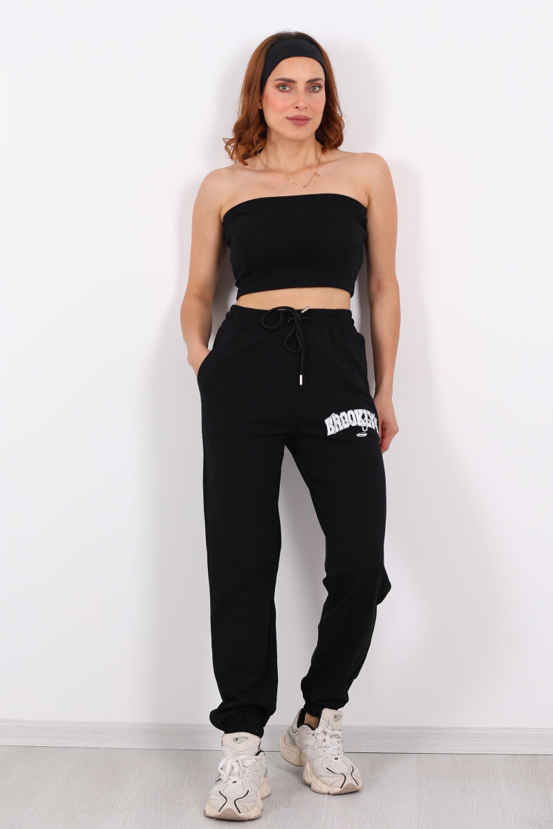 Brooklyn Baskılı Paça Lastikli Siyah Kadın Eşofman - 1