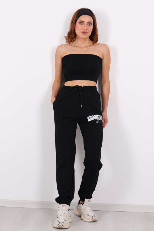 Brooklyn Baskılı Paça Lastikli Siyah Kadın Eşofman - 4