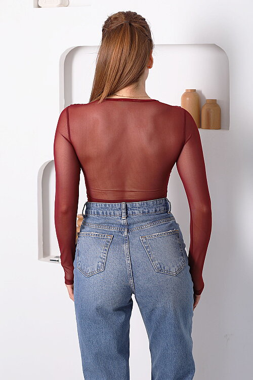 Broş Aksesuarlı Kadın Bordo Tül Bluz - 5