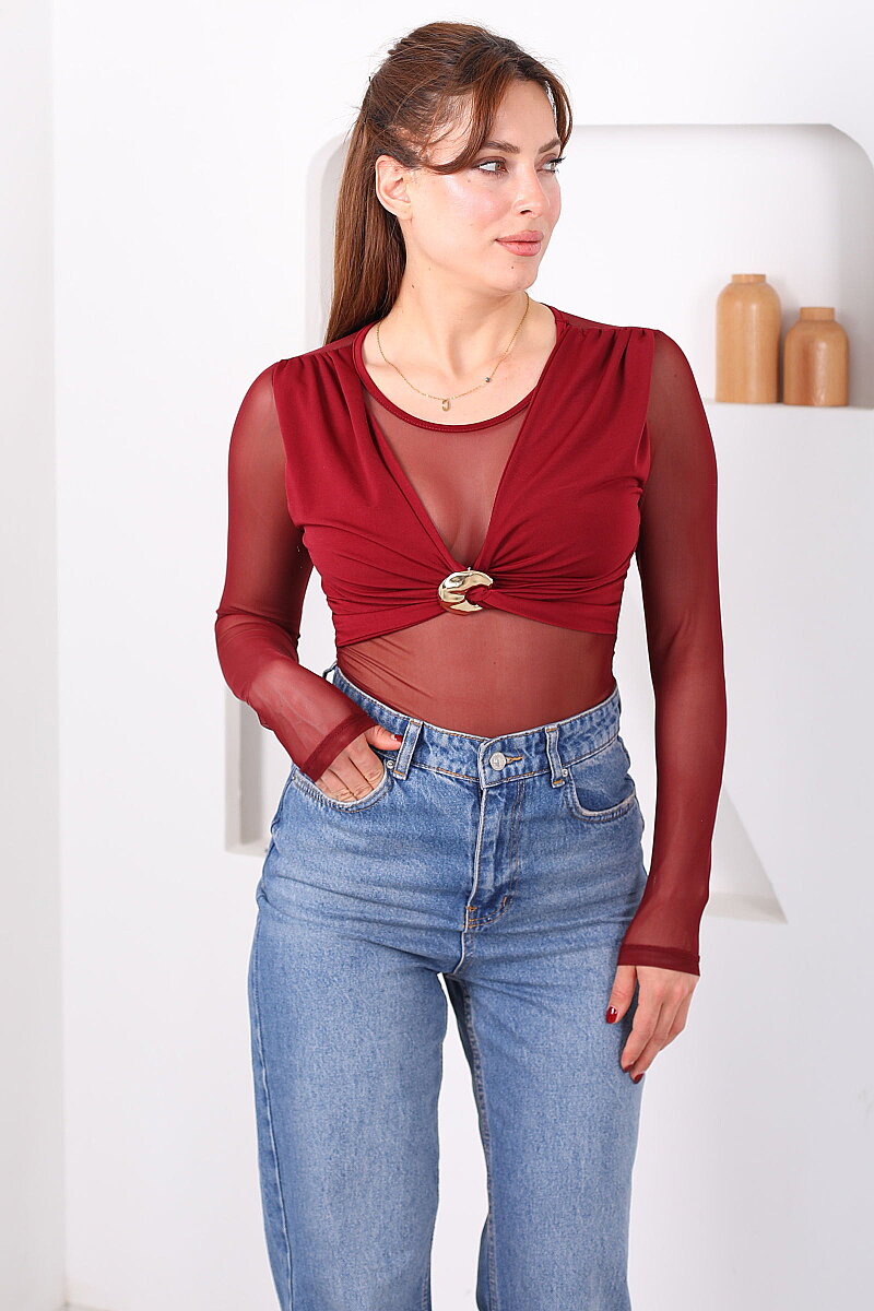 Broş Aksesuarlı Kadın Bordo Tül Bluz - 3