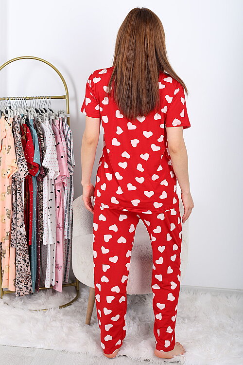 Büyük Kalp Desenli Düğmeli Kırmızı Kadın Pijama Takımı - 5