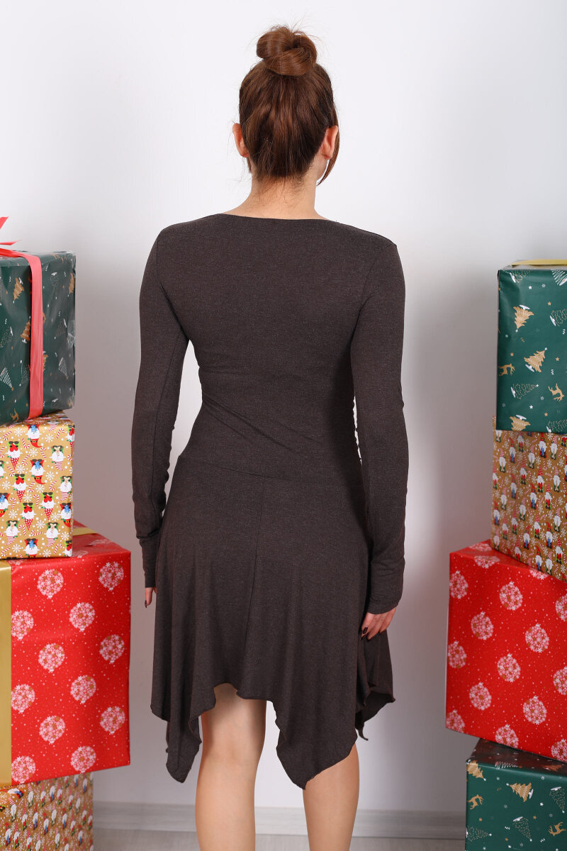 Büzgülü Asimetrik Acı Kahve Kadın Elbise - 7