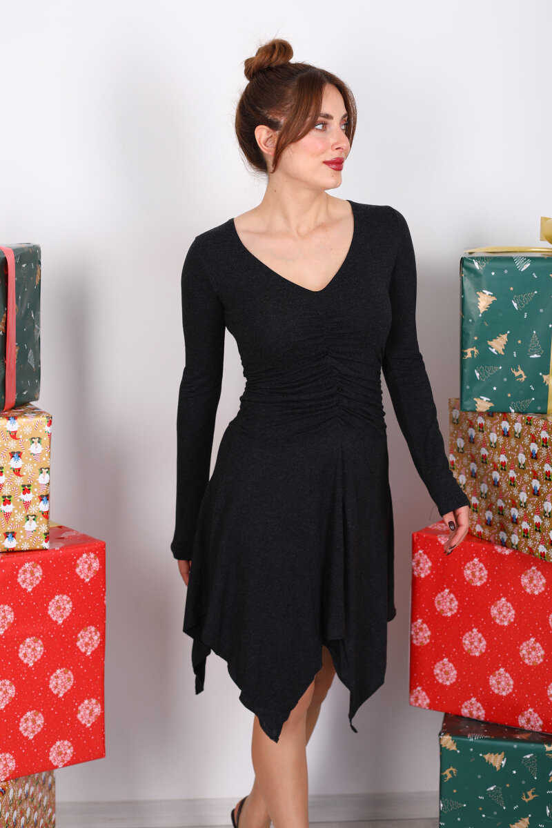 Büzgülü Asimetrik Siyah Kadın Elbise - 1