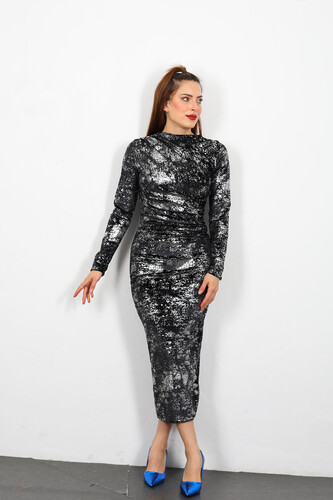 Büzgülü Uzun Kadın Siyah Varaklı Kadife Elbise - 3