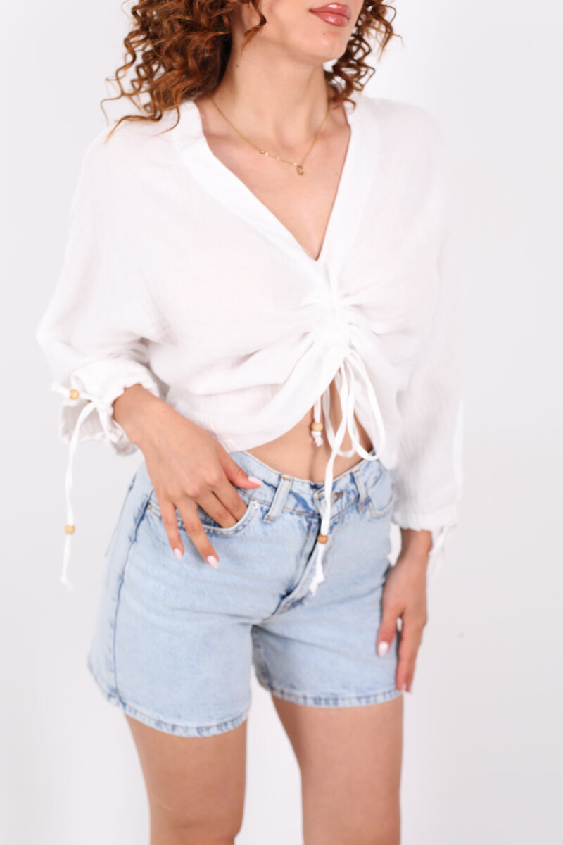 Büzgülü V yaka Müslin Beyaz Kadın Bluz - 2