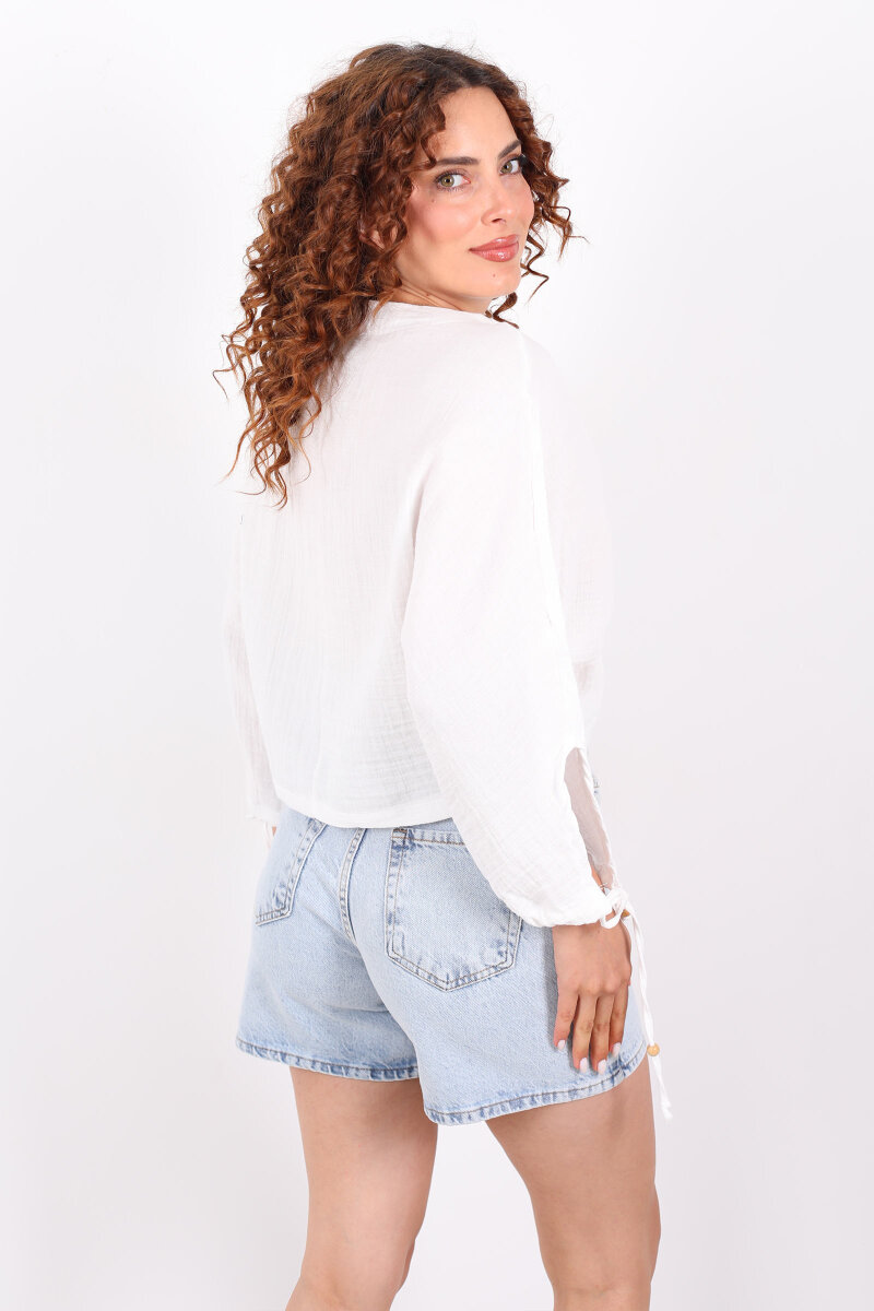 Büzgülü V yaka Müslin Beyaz Kadın Bluz - 5