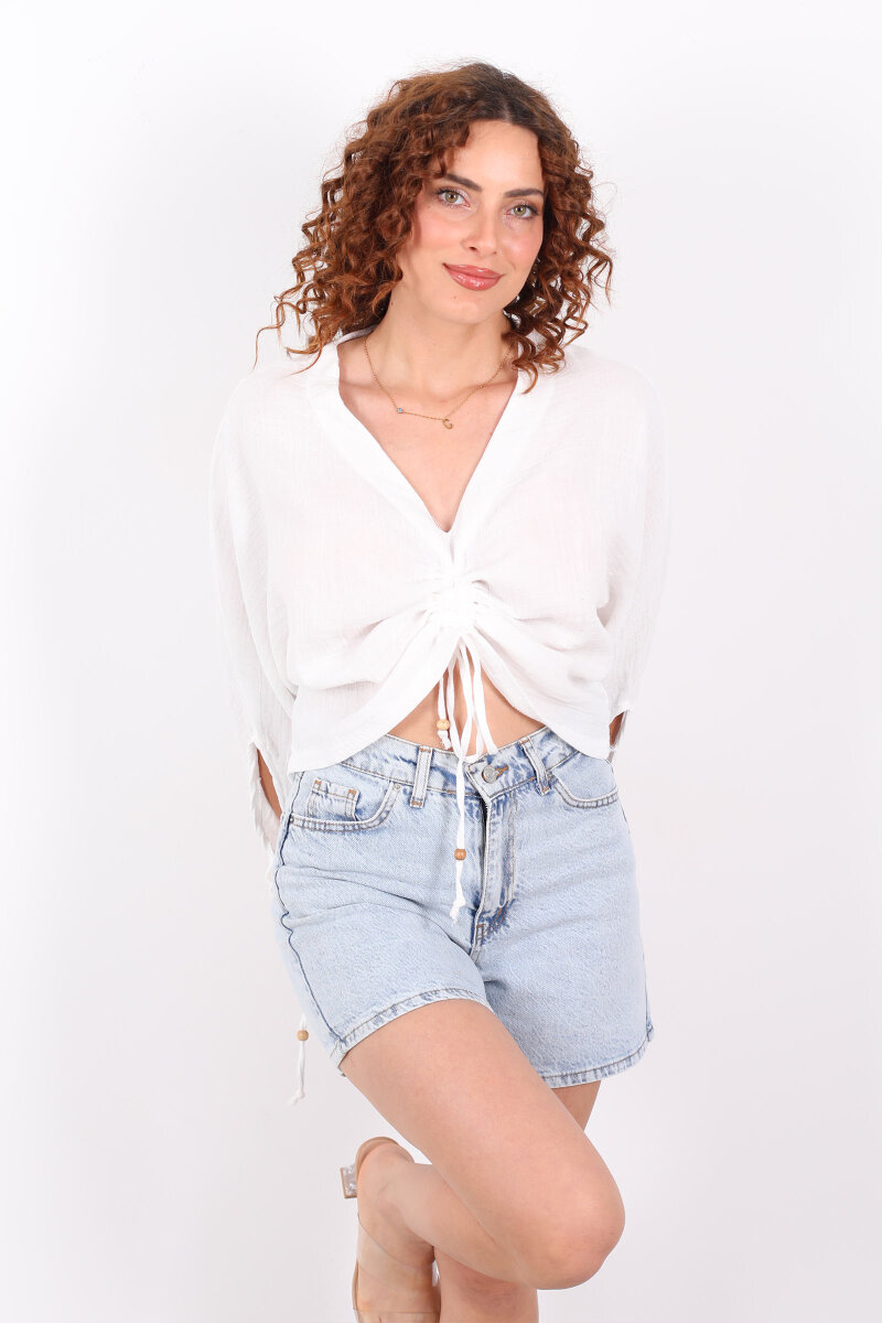 Büzgülü V yaka Müslin Beyaz Kadın Bluz - 4