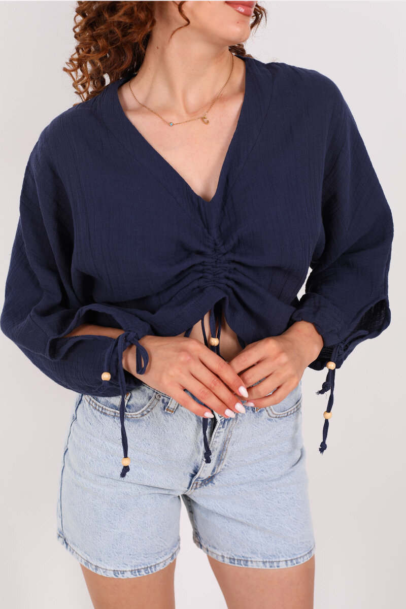 Büzgülü V yaka Müslin Lacivert Kadın Bluz - 2