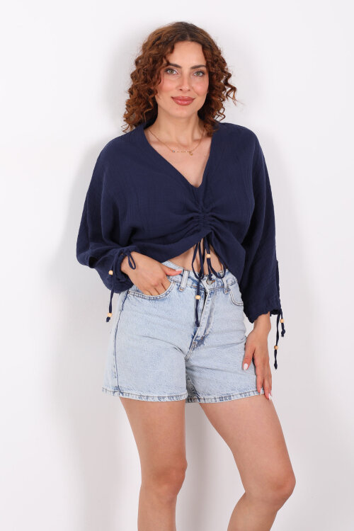 Büzgülü V yaka Müslin Lacivert Kadın Bluz - 6