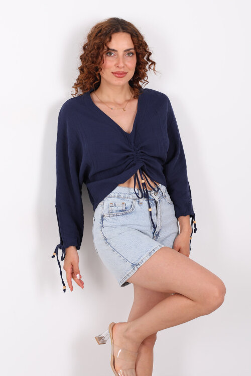 Büzgülü V yaka Müslin Lacivert Kadın Bluz - Berox