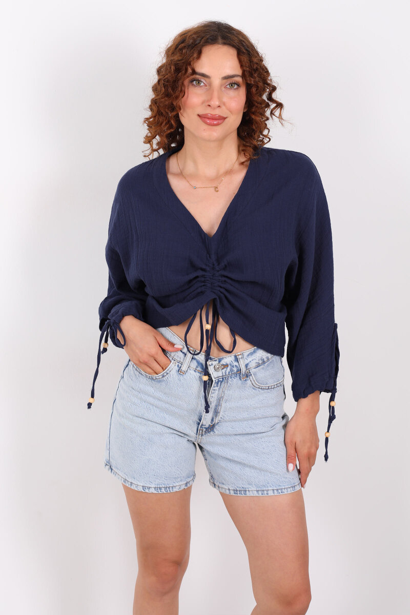 Büzgülü V yaka Müslin Lacivert Kadın Bluz - 3