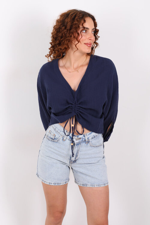 Büzgülü V yaka Müslin Lacivert Kadın Bluz - 4