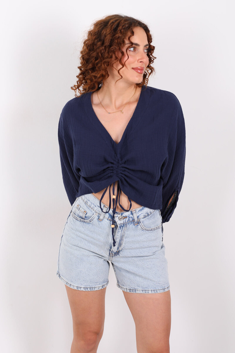 Büzgülü V yaka Müslin Lacivert Kadın Bluz - 4