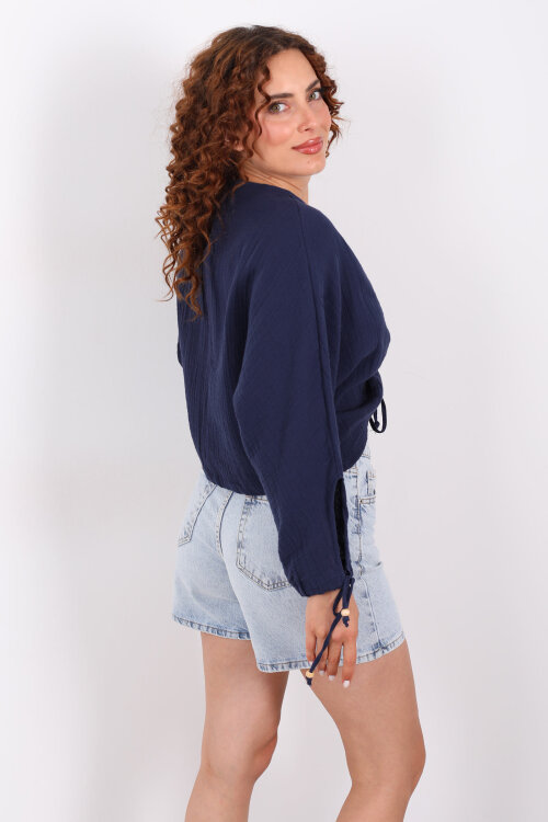 Büzgülü V yaka Müslin Lacivert Kadın Bluz - 5