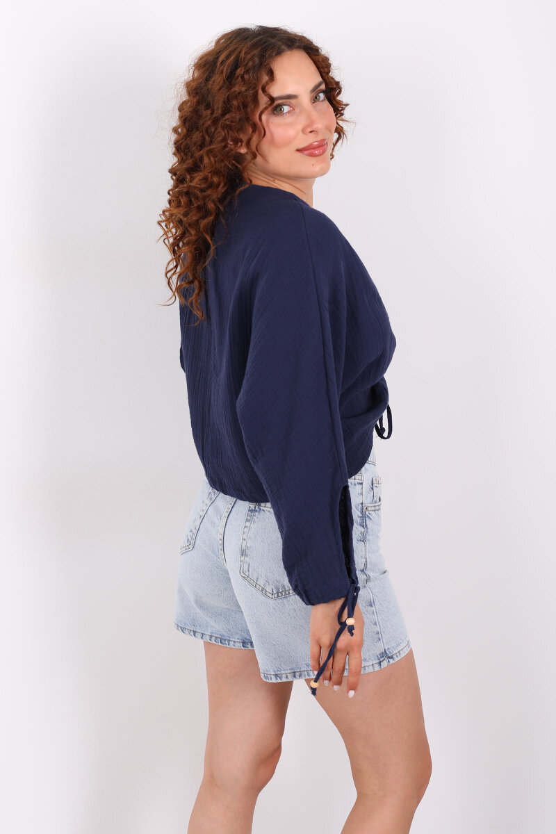 Büzgülü V yaka Müslin Lacivert Kadın Bluz - 5