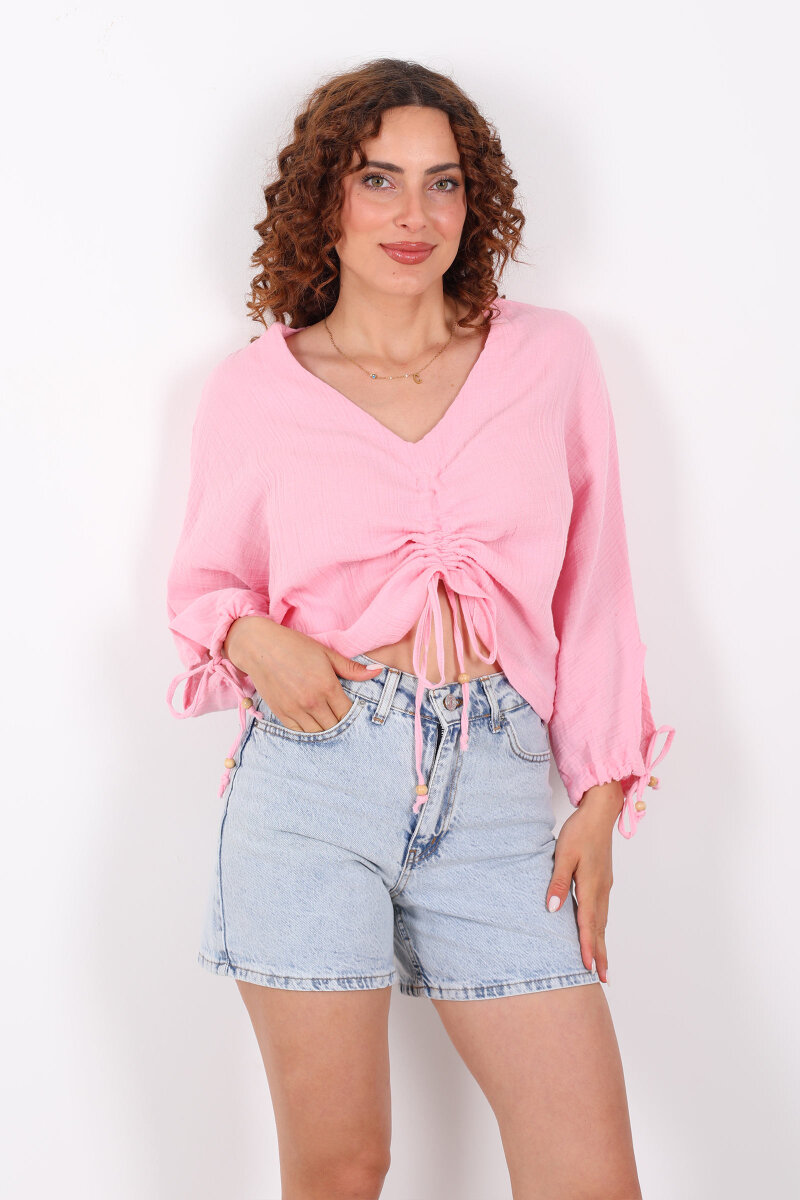 Büzgülü V yaka Müslin Pembe Kadın Bluz - 5