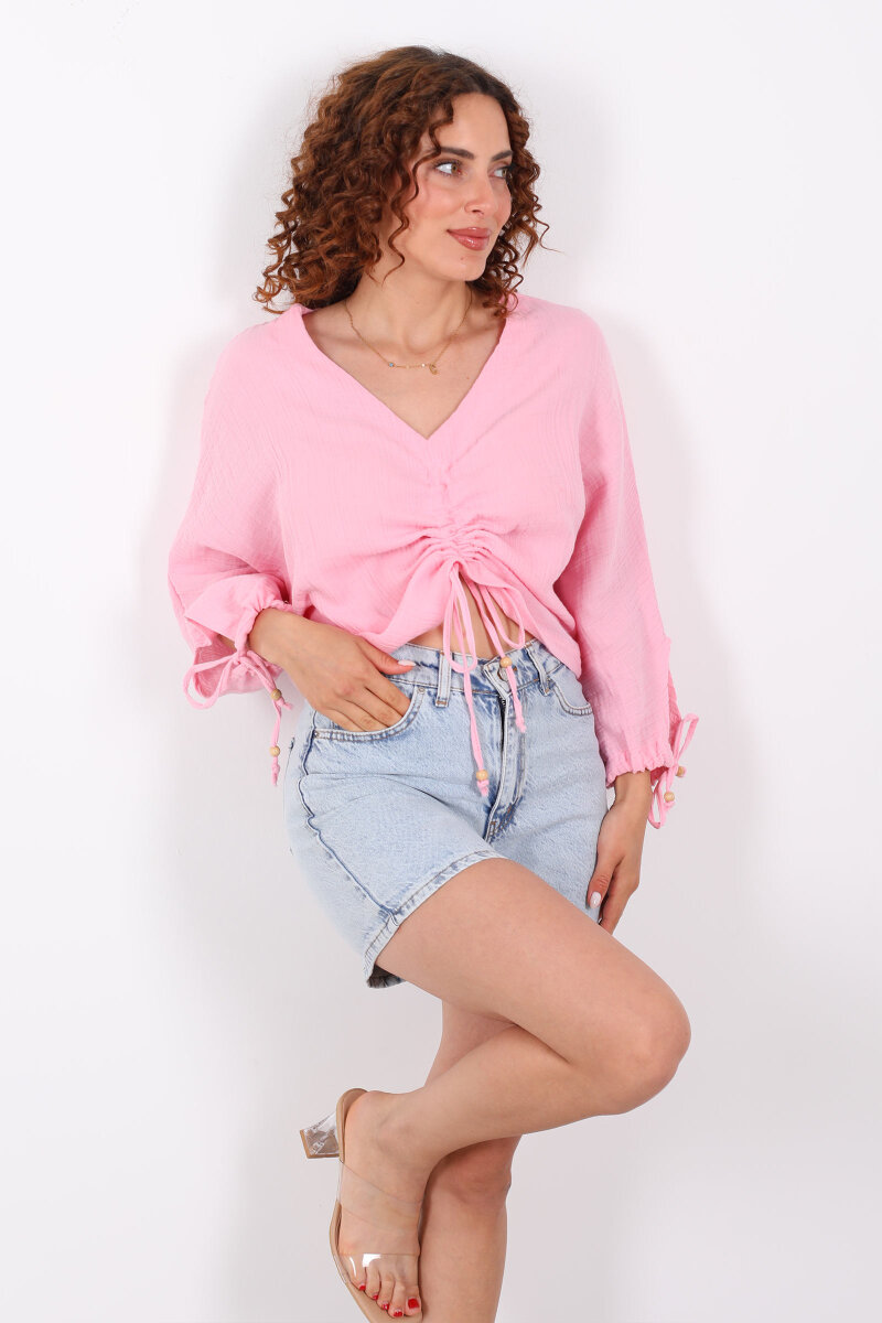 Büzgülü V yaka Müslin Pembe Kadın Bluz - 1
