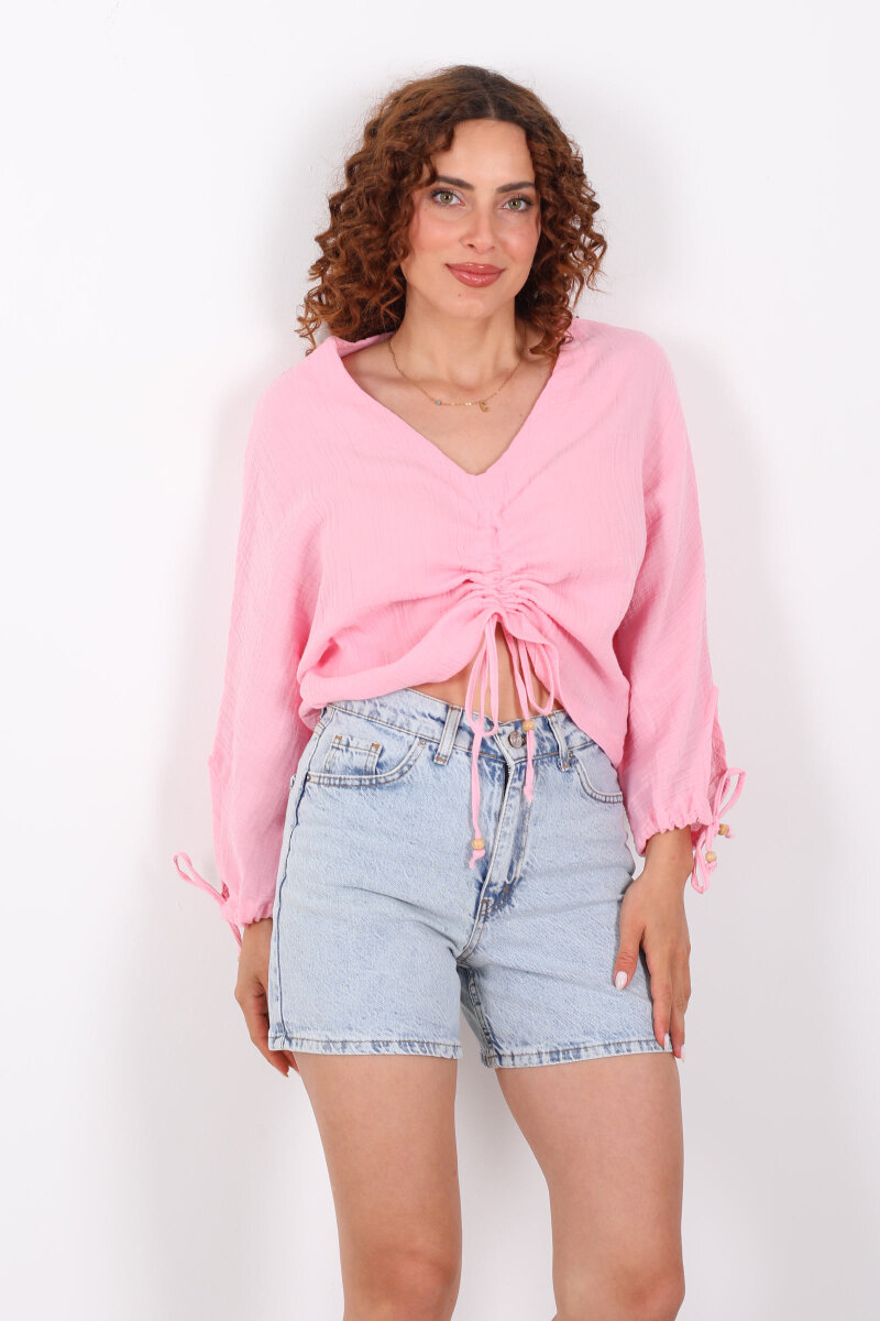 Büzgülü V yaka Müslin Pembe Kadın Bluz - 3