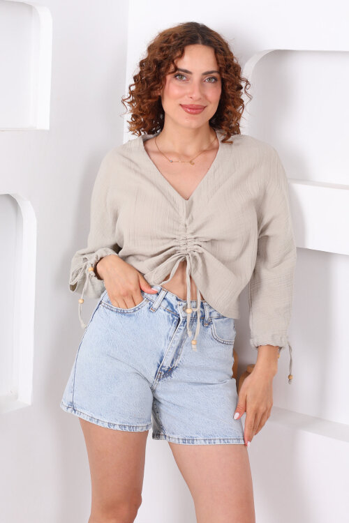 Büzgülü V yaka Müslin Taş Rengi Kadın Bluz - 4