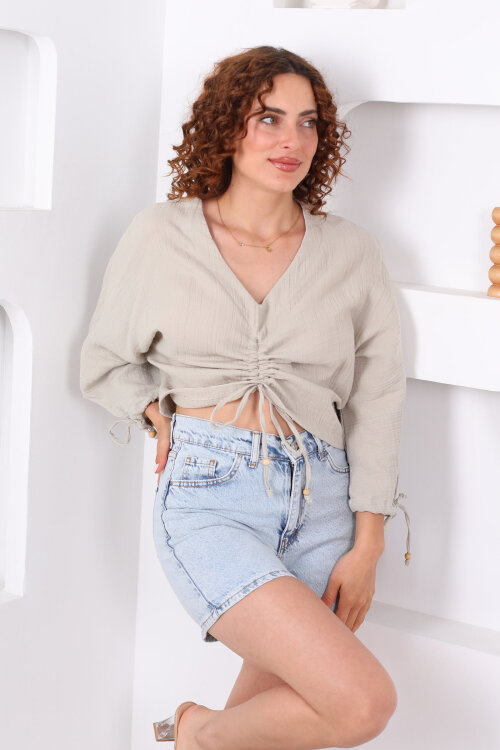 Büzgülü V yaka Müslin Taş Rengi Kadın Bluz - 3