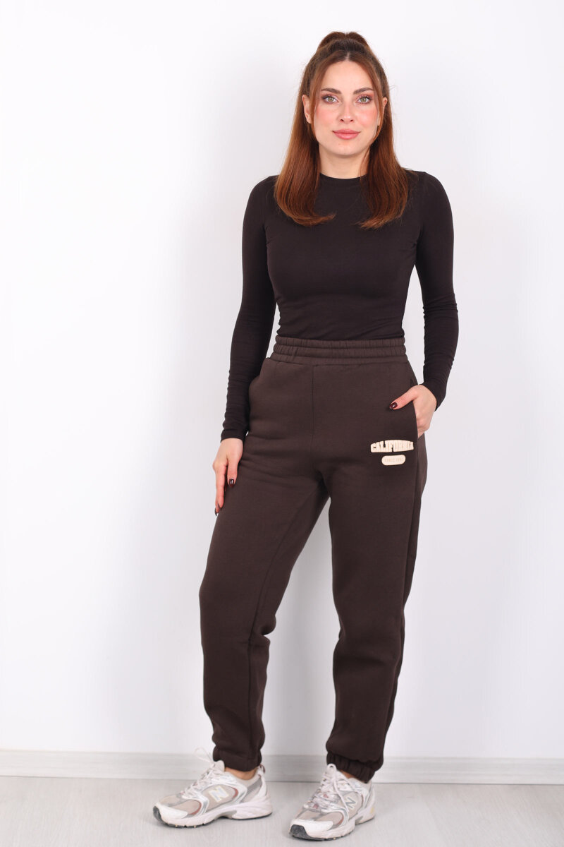 California Yazılı Paça Lastikli Üç İplik Acı Kahve Kadın Eşofman Altı - 6