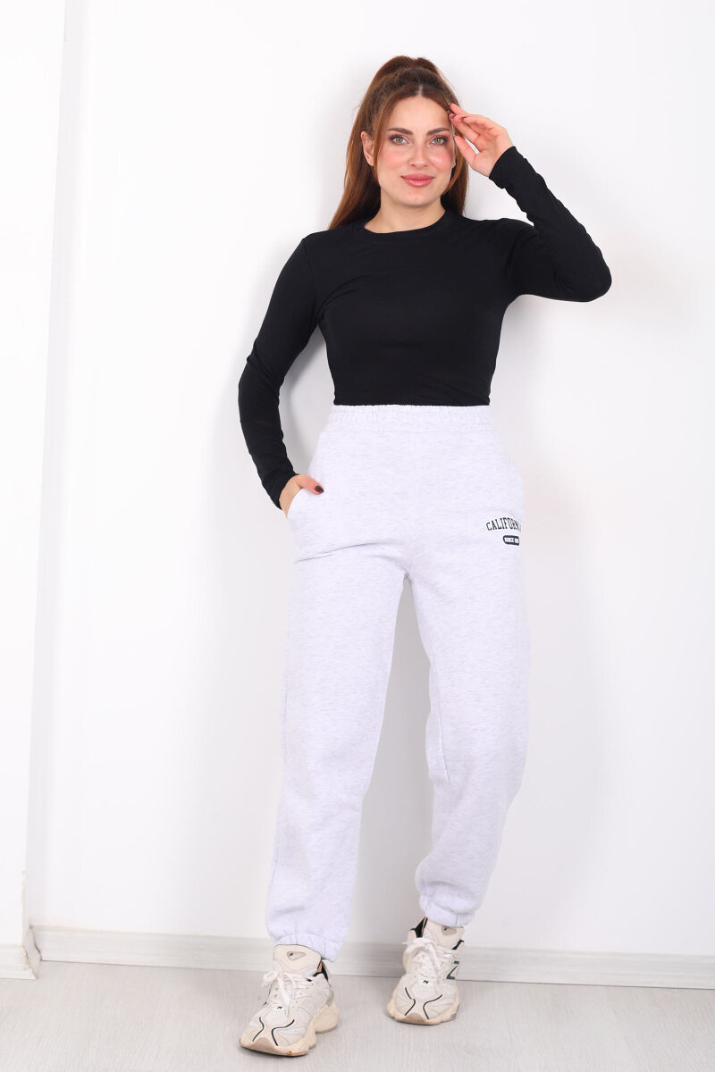 California Yazılı Paça Lastikli Üç İplik Gri Kadın Eşofman Altı - 6