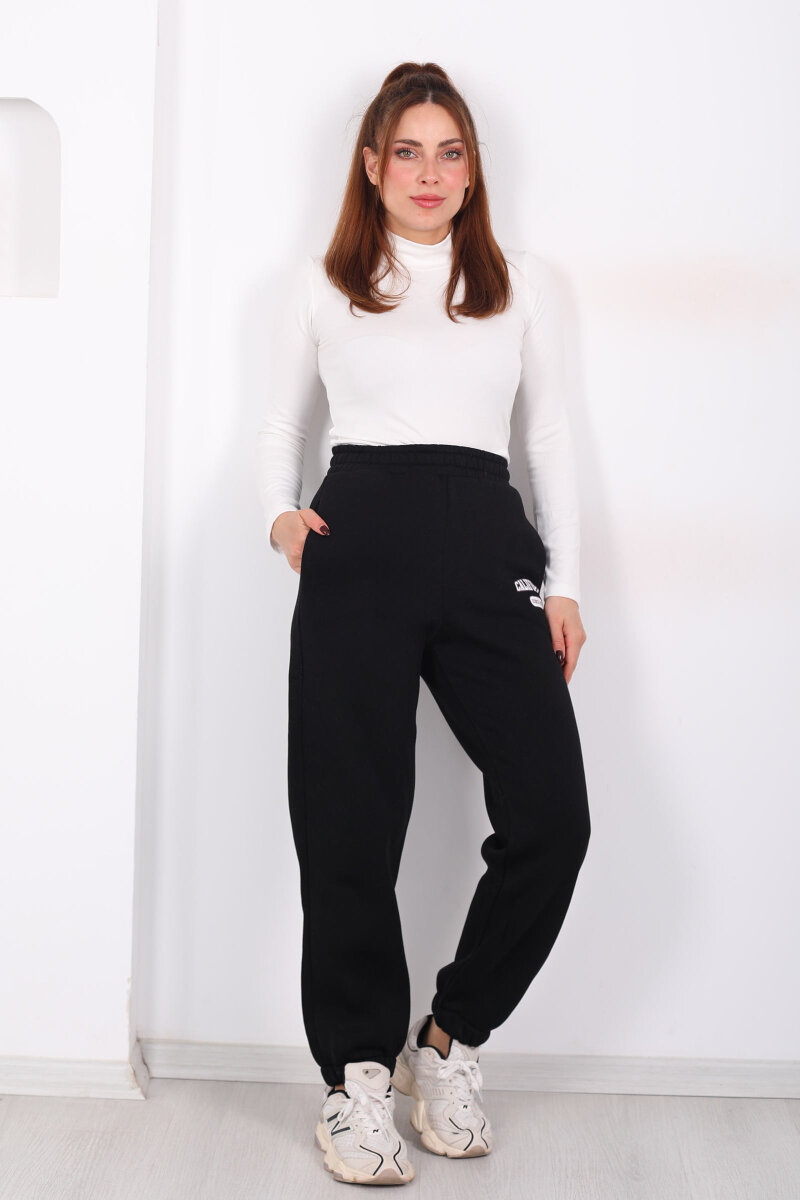 California Yazılı Paça Lastikli Üç İplik Siyah Kadın Eşofman Altı - 6