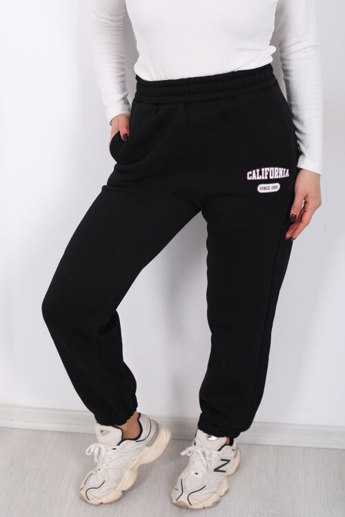 California Yazılı Paça Lastikli Üç İplik Siyah Kadın Eşofman Altı - 2