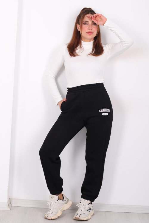 California Yazılı Paça Lastikli Üç İplik Siyah Kadın Eşofman Altı - 3