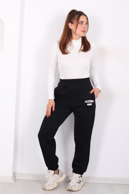 California Yazılı Paça Lastikli Üç İplik Siyah Kadın Eşofman Altı 