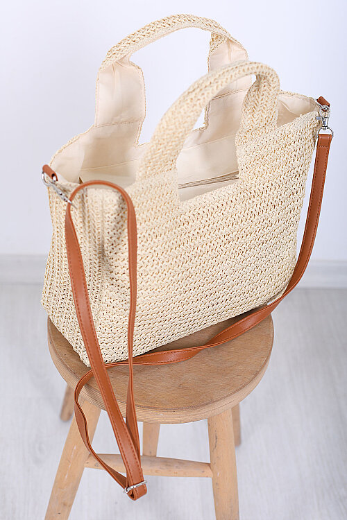 Çapraz Askılı İthal Krem Hasır Omuz Çantası - Berox (1)