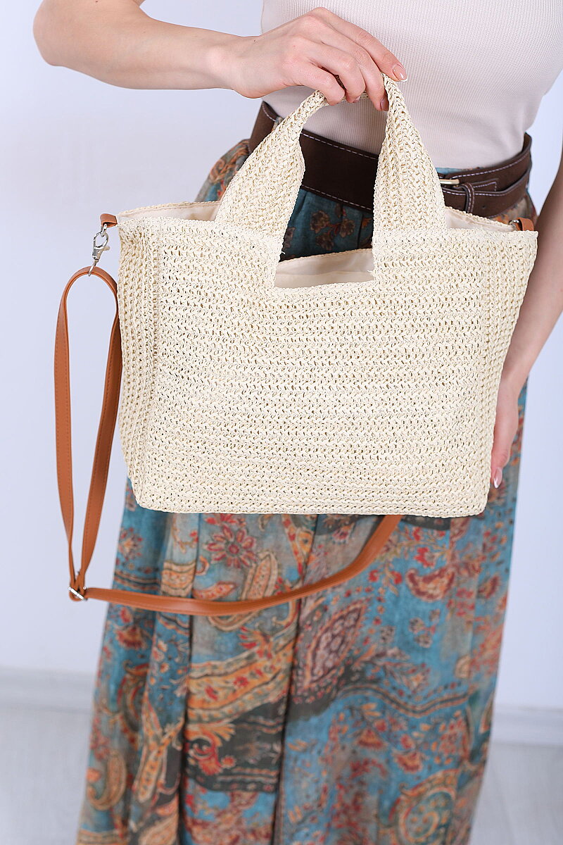 Çapraz Askılı İthal Krem Hasır Omuz Çantası - 4