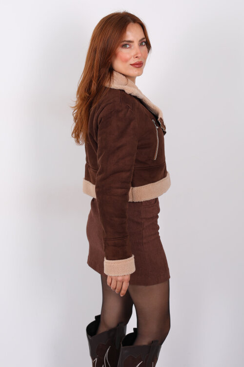 Çapraz Fermuarlı Kürklü Acı Kahve Kadın Süet Kısa Mont - 6