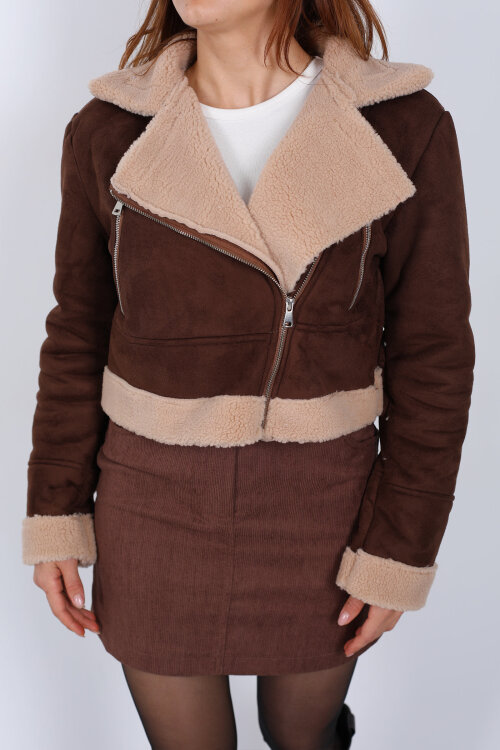 Çapraz Fermuarlı Kürklü Acı Kahve Kadın Süet Kısa Mont - Berox (1)