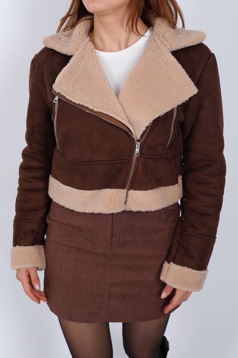 Çapraz Fermuarlı Kürklü Acı Kahve Kadın Süet Kısa Mont - 2