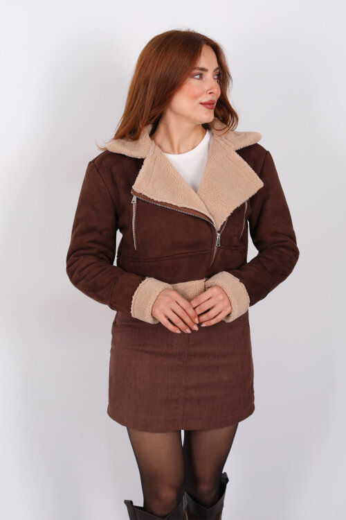 Çapraz Fermuarlı Kürklü Acı Kahve Kadın Süet Kısa Mont - 5