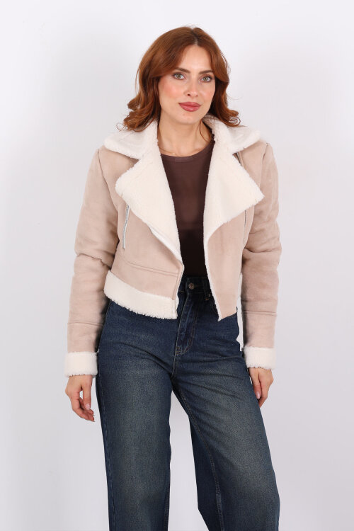 Çapraz Fermuarlı Kürklü Krem Kadın Süet Kısa Mont - 7